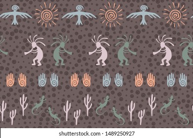 Ancient aztec or mayan american vector ethnic tribal motifs seamless pattern. Traditional design with trickster god, swirl icons on human palm, sun, eagle. American indian aboriginal textile print.