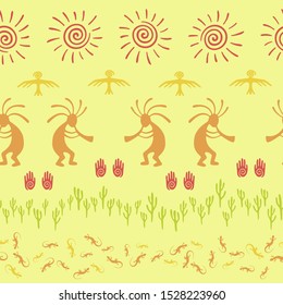 Ancient aztec or mayan american vector ethnic tribal motifs seamless pattern. Traditional design with dancing god music spirit, wild nature, spiral signs. American indian art abstract pattern.
