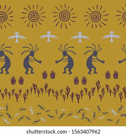 Ancient aztec or mayan american vector ethnic tribal motifs seamless pattern. Folk design with trickster god, swirl icons on human palm, sun, eagle. American indian desert wildlife pattern.