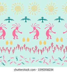 Ancient aztec or mayan american vector ethnic tribal motifs seamless pattern. Mythical design with trickster god, swirl icons on human palm, sun, eagle. American indian signs cute pattern.
