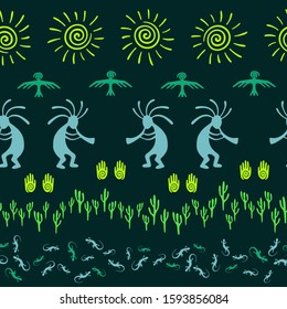 Ancient aztec or mayan american vector ethnic tribal motifs seamless pattern. Mythical design with humpbacked man playing flute musical instrument. American indian aboriginal textile print.