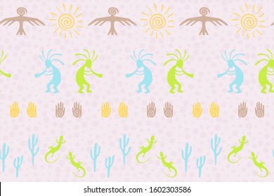 Ancient aztec or mayan american vector ethnic tribal motifs seamless pattern. Folk design with gecko, Kokopelli fertility god, sun, bird, cacti. American indian character illustration.