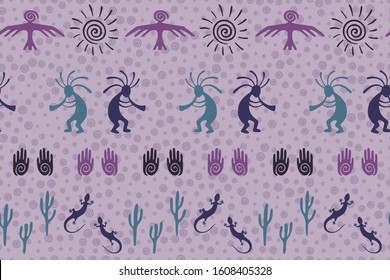 Ancient aztec or mayan american vector ethnic tribal motifs seamless pattern. Mythical design with lizard, Kokopelli fertility deity, sun, eagle, cacti. American indian desert wildlife pattern.
