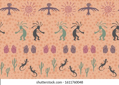 Ancient aztec or mayan american vector ethnic tribal motifs seamless pattern. Mythical design with humpbacked man playing flute musical instrument. American indian aboriginal textile print.