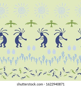 Ancient aztec or mayan american vector ethnic tribal motifs seamless pattern. Mythical design with gecko, Kokopelli fertility god, sun, bird, cacti. American indian aboriginal textile print.
