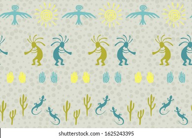 Ancient aztec or mayan american vector ethnic tribal motifs seamless pattern. Mythical design with gecko, Kokopelli fertility god, sun, bird, cacti. American indian elements modern pattern.