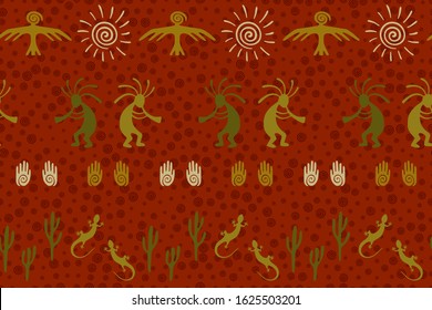Ancient aztec or mayan american vector ethnic tribal motifs seamless pattern. Folk design with trickster god, swirl icons on human palm, sun, eagle. American indian art abstract pattern.