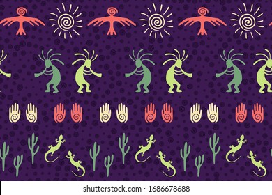 Ancient aztec or mayan american vector ethnic tribal motifs seamless pattern. Traditional design with dancing god music spirit, wild nature, spiral signs. American indian creative batik pattern.