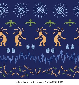 Ancient aztec or mayan american vector ethnic tribal motifs seamless pattern. Mythical design with trickster god, swirl icons on human palm, sun, eagle. American indian aboriginal textile print.