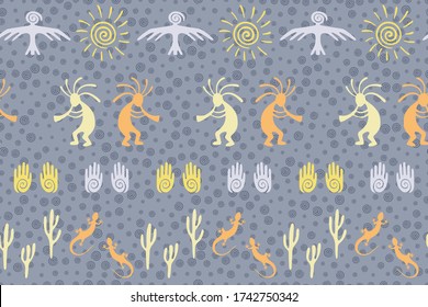 Ancient aztec or mayan american vector ethnic tribal motifs seamless pattern. Traditional design with gecko, Kokopelli fertility god, sun, bird, cacti. American indian ornament fabric prin.