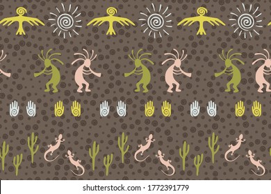 Ancient aztec or mayan american vector ethnic tribal motifs seamless pattern. Aborigine design with gecko, Kokopelli fertility god, sun, bird, cacti. American indian fashionable print pattern.
