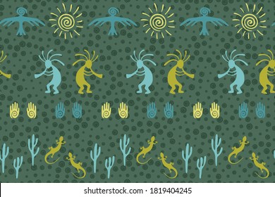 Ancient aztec or mayan american vector ethnic tribal motifs seamless pattern. Mythical design with gecko, Kokopelli fertility god, sun, bird, cacti. American indian creative batik pattern.