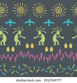 Ancient aztec or mayan american vector ethnic tribal motifs seamless pattern. Traditional design with trickster god, swirl icons on human palm, sun, eagle. American indian signs cute pattern.