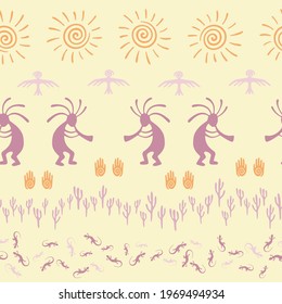 Ancient aztec or mayan american vector ethnic tribal motifs seamless pattern. Traditional design with gecko, Kokopelli fertility god, sun, bird, cacti. American indian elements modern pattern.