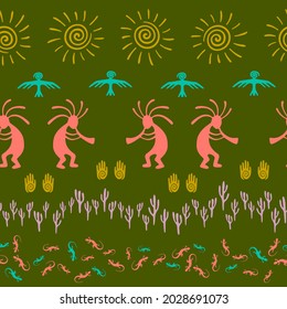 Ancient aztec or mayan american vector ethnic tribal motifs seamless pattern. Folk design with lizard, Kokopelli fertility deity, sun, eagle, cacti. American indian elements modern pattern.