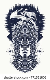 Ancient aztec totem and eagle birds, Mexican god. Ancient Mayan civilization tattoo art 