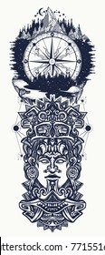 Ancient aztec totem, mountains and compass. Mexican god. Mayan civilization tattoo and t-shirt design 