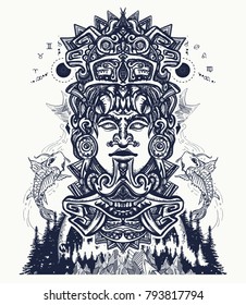 Ancient aztec totem and mountains, Mexican god. Mayan civilization tattoo and t-shirt design 