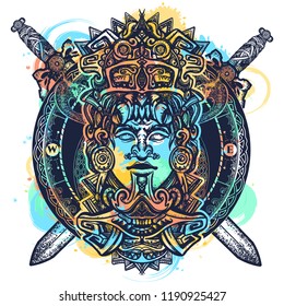 Ancient aztec totem watercolor splashes style, Mexican god warrior and crossed swords. Ancient Mayan civilization tattoo and t-shirt design 