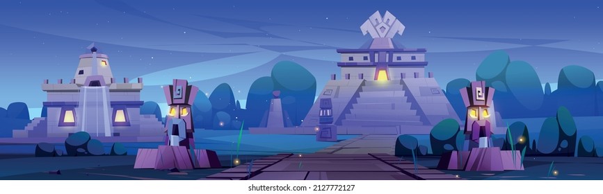 Ancient aztec village with temple, statues and stone buildings at night. Vector cartoon illustration of summer landscape with tropical forest and pyramid of mesoamerican mayan civilization