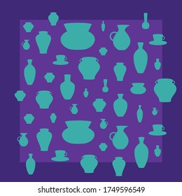 Ancient background of vessels, bowls, vases, mugs, cups, jugs. Blue and green 