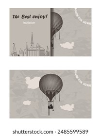  An ancient balloon flying over the city. Bright booklet for summer travel romantic invitation. Flat style logotype template.