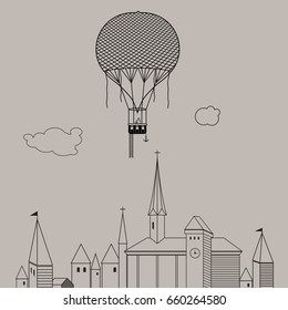 An ancient balloon flying over the city.Vintage vector illustration. Unique concept for card, poster or other kind of your design.