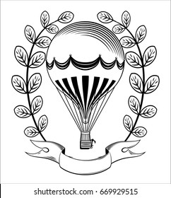Ancient Balloon, on the background of a banner and laurel branches. Old school tattoo style.
