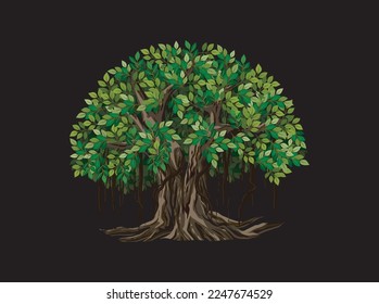 Ancient Banyan tree vector illustrations, hand drawn art isolated on black background. svg