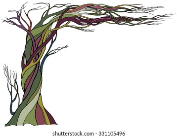 Ancient bare tree with branches bent over at ninety degrees. Color vector illustration with a space for text. 