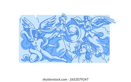 Antigos baixos relevo com a luta dos deuses da Grécia. Estátuas gregas, velhas esculturas de gesso de deusas em batalha, luta. Antiga decoração de parede. Ilustração de vetor isolado plano sobre fundo branco