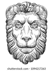 Ancient bas-relief in the form of a lion's head, vector hand drawing illustration in black color isolated on white background