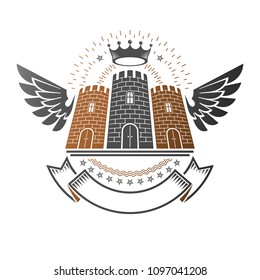 Ancient Bastion emblem. Heraldic vector design element. Retro style label, heraldry logo. Antique logotype on isolated white background.