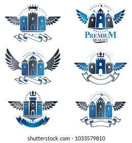 Ancient Bastions emblems set. Heraldic vector design elements collection. Retro style label, heraldry logo.