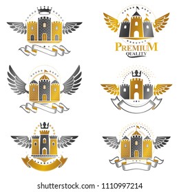 Ancient Bastions emblems set. Heraldic vector design elements collection. Retro style label, heraldry logo.