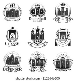 Ancient Bastions emblems set. Heraldic vector design elements collection. Retro style label, heraldry logo.