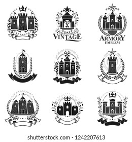 Ancient Bastions emblems set. Heraldic vector design elements collection. Retro style label, heraldry logo.