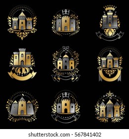 Ancient Bastions emblems set. Heraldic vector design elements collection. Retro style label, heraldry logo.