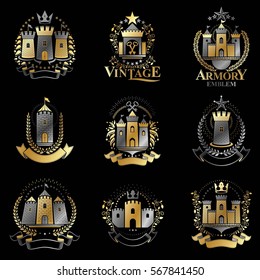 Ancient Bastions emblems set. Heraldic vector design elements collection. Retro style label, heraldry logo.
