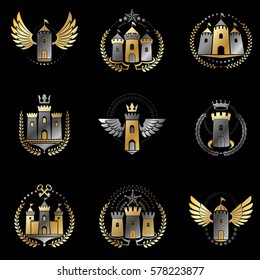 Ancient Bastions emblems set. Heraldic vector design elements collection. Retro style label, heraldry logo.