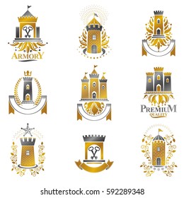Ancient Bastions emblems set. Heraldic vector design elements collection. Retro style label, heraldry logo.