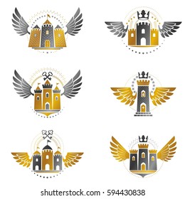 Ancient Bastions emblems set. Heraldic vector design elements collection. Retro style label, heraldry logo.