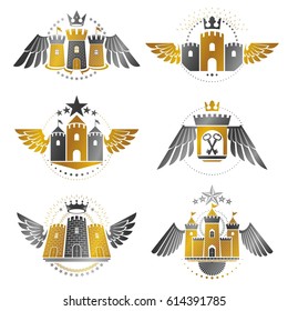 Ancient Bastions emblems set. Heraldic vector design elements collection. Retro style label, heraldry logo.