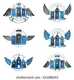 Ancient Bastions emblems set. Heraldic vector design elements collection. Retro style label, heraldry logo.