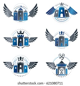 Ancient Bastions emblems set. Heraldic vector design elements collection. Retro style label, heraldry logo.