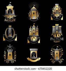 Ancient Bastions emblems set. Heraldic vector design elements collection. Retro style label, heraldry logo.