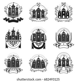 Ancient Bastions emblems set. Heraldic vector design elements collection. Retro style label, heraldry logo.