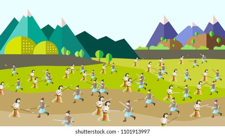 Ancient battle on grass field near mountains and forest