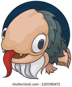 Ancient bearded fish with giant eyes, covered with hair and a long tongue.