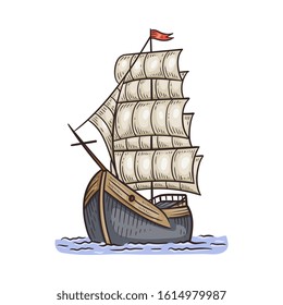 Ancient beautiful ship or boat with sails, vector illustration in sketch style isolated on white background. Discovering and traveling symbol or design element.